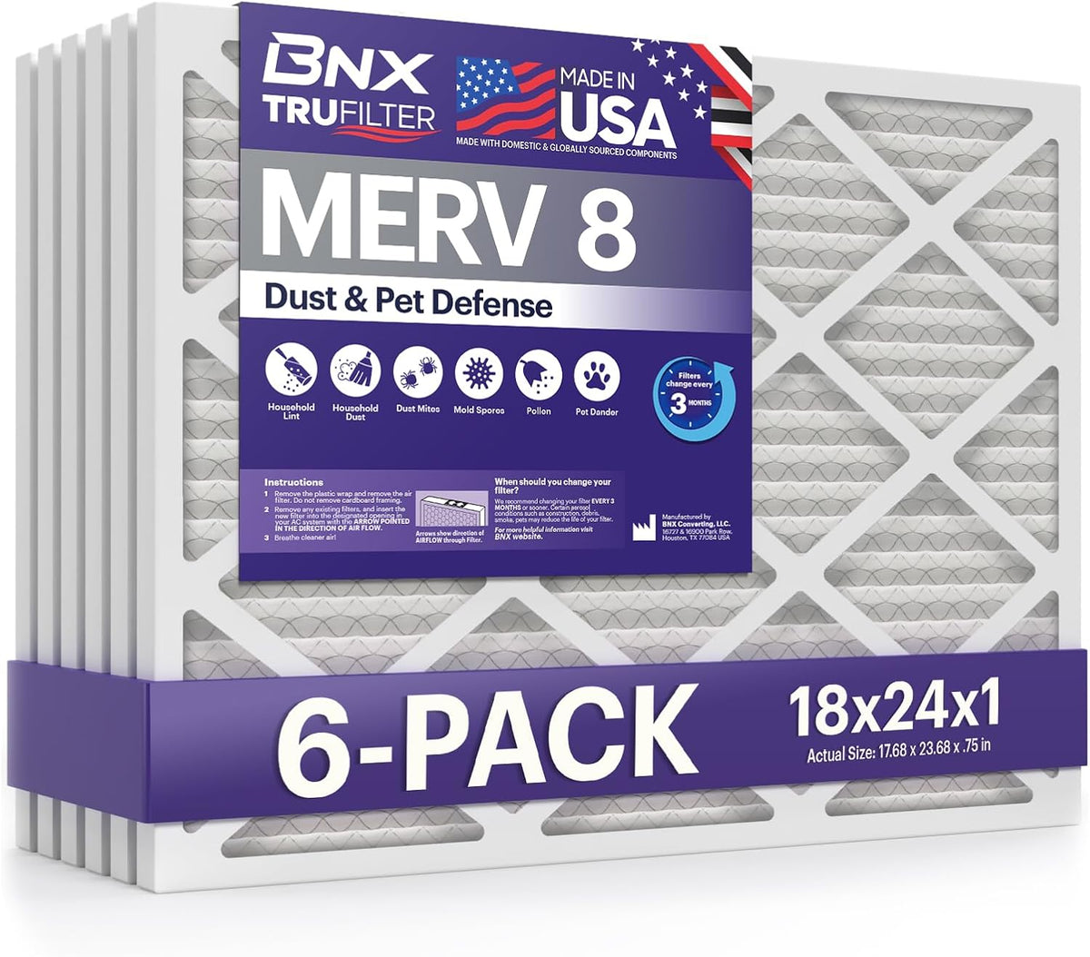 BNX TruFilter 18x24x1 Air Filter MERV 8 (6-Pack) - MADE IN USA – Dust & Pet Defense Electrostatic Pleated Air Conditioner HVAC AC Furnace Filters for Dust, Pet, Mold, Pollen MPR 600 – 700 & FPR 5