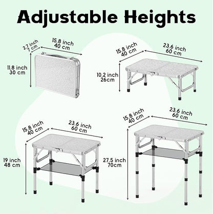 YihuiKo Folding Camping Table, Aluminum 24" x 16" Adjustable Height Max 27.5" with Carrying Handle, Lightweight, Portable Camping Table for Outdoor Indoor Picnic Beach, Silver