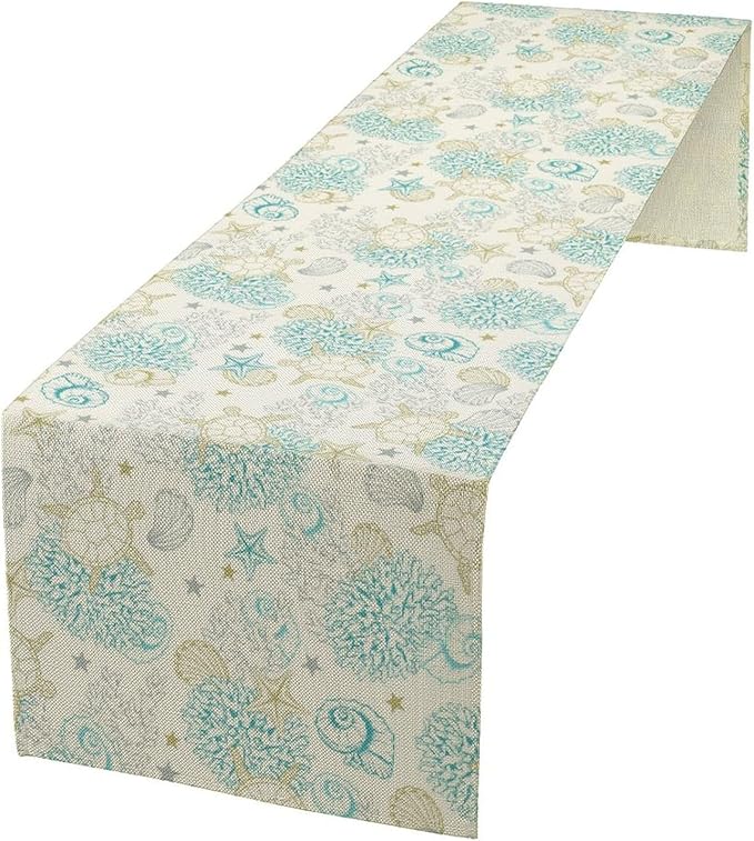 Ocean Coastal Table Runner, Nautical Summer Beach Coral Sea Turtle Table Runner for Kitchen Coffee Dining Bedroom Living Room Dinner 13x120in