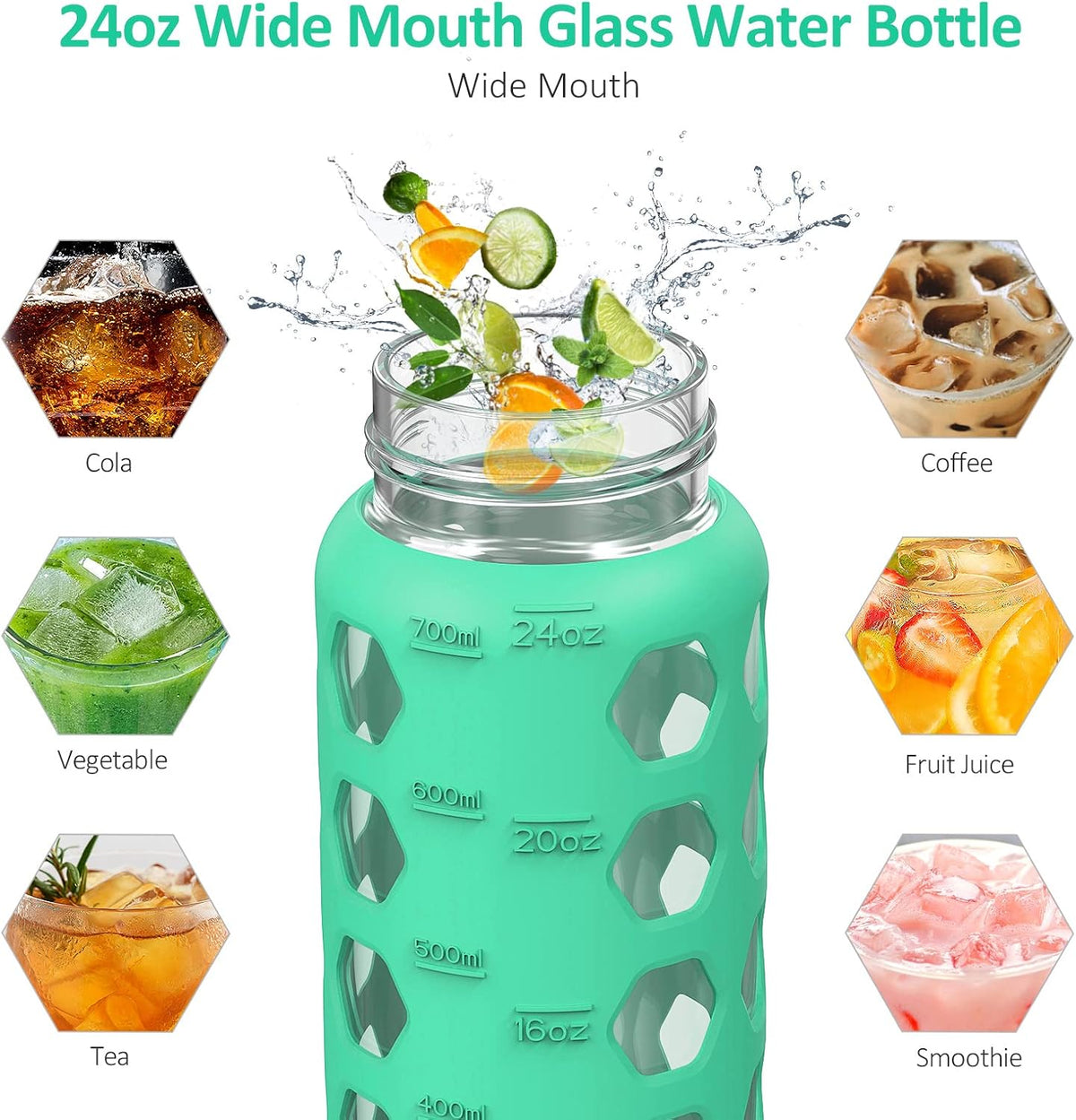 MUKOKO 24oz Glass Water Bottle with 2 Lids-Handle Flip Lid&Bamboo Straw Lid,Motivational Water Tumbler with Time Marker Reminder and Silicone Sleeve, Leakproof-Green