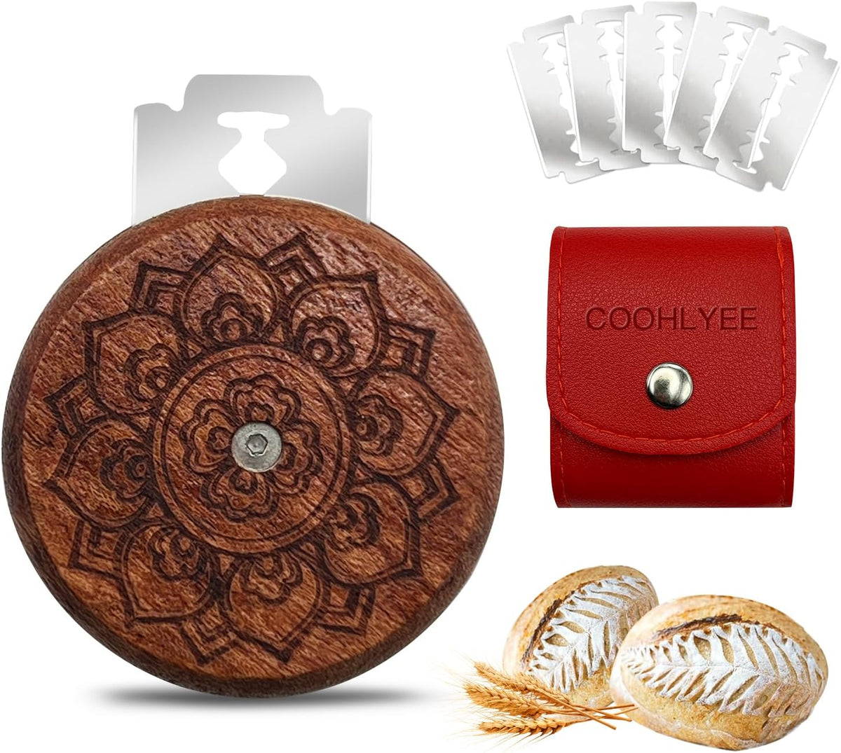 Bread Lame Sourdough Scoring Tool,Wooden Lame Bread Scoring Tool with 5 Razor Blades and Leather Storage Cover