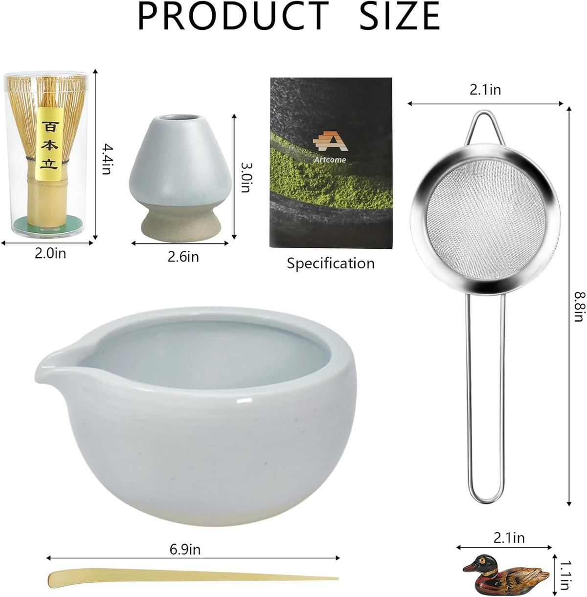 Artcome Matcha Ceremony Kit for Japanese Tea Ceremony, Bowl with Pouring Spout, Whisk, Tea Scoop, Matcha Powder Strainer