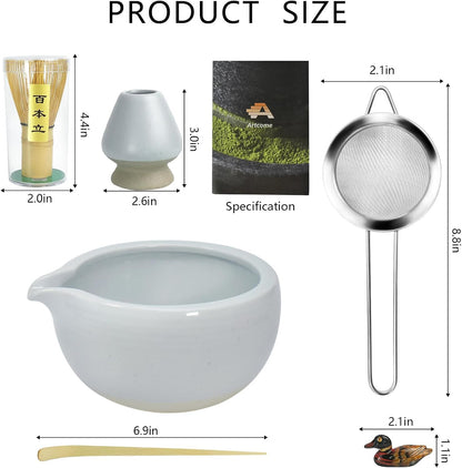 Artcome Matcha Ceremony Kit for Japanese Tea Ceremony, Bowl with Pouring Spout, Whisk, Tea Scoop, Matcha Powder Strainer