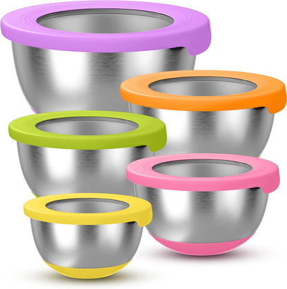 Stainless Steel Mixing Bowls with Lids – Set of 5 Large Nesting Metal Bowls for Kitchen, Baking, Cooking, Food Prep & Storage, Non-Slip Base
