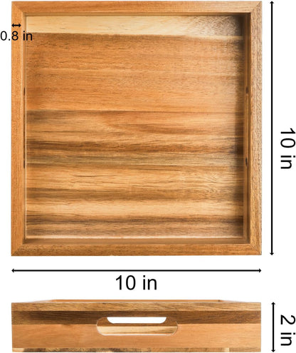 Youeon Set of 2 Acacia Wood Serving Tray with Handles, 10x10x2 Inch Decorative Serving Trays for Food, Ottoman Tray