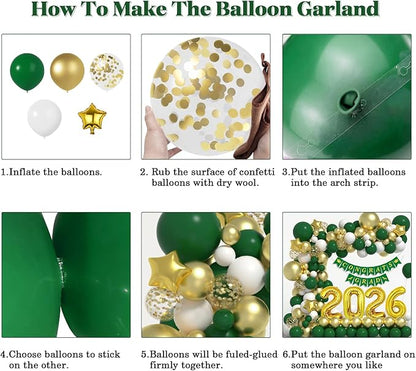 Graduation Decorations Class of 2026: Green and Gold Graduation Balloon Arch Garland Kit and Gold Confetti Balloons Congrats Grad Banner 2026 Foil Balloon Decorations For Grad Party