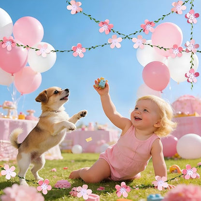 3D Cherry Blossom Flower Garland (2PCS) Flower Banner Pink Paper Cherry Flower Garland for Spring Garden Party Wedding Backdrop Arch Decor