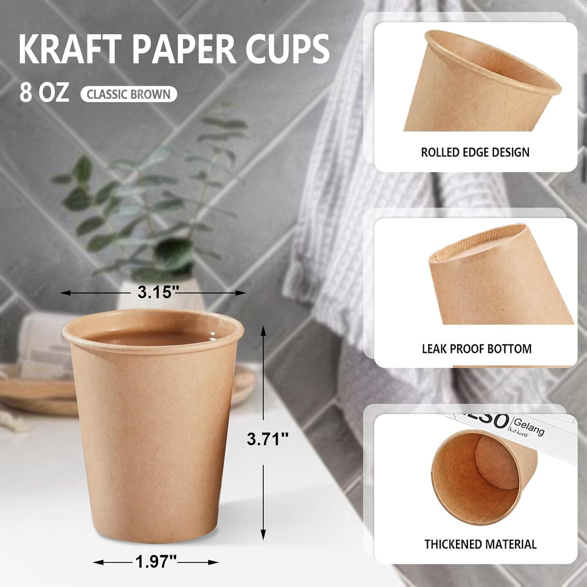 400 Pack 8 oz Kraft Paper Cups, Unbleached Disposable Paper Coffee Cups, Thickened Hot/Cold Beverage Drinking Cup for Party, Home, Cafes, Bistros