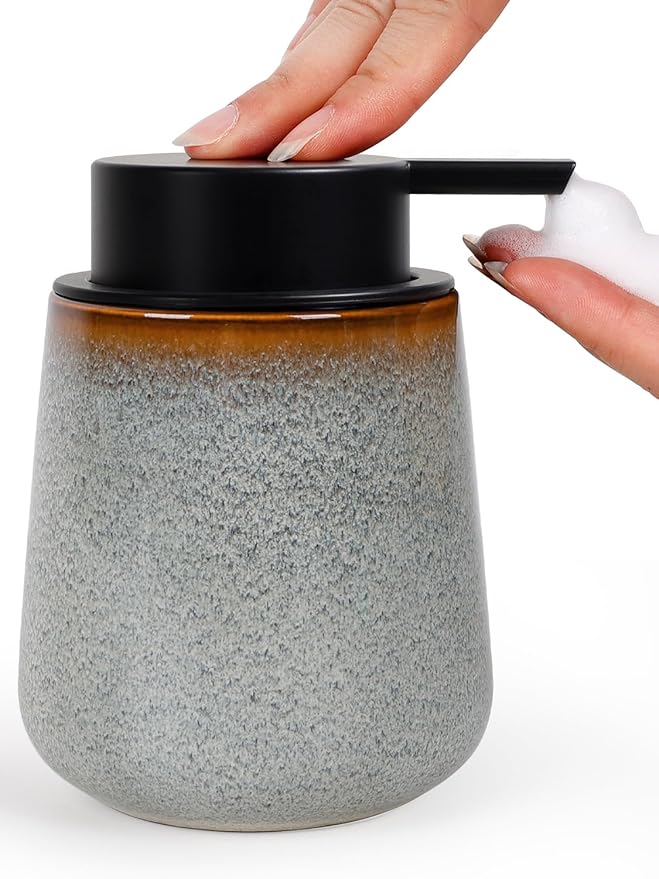 INGOFIN Ceramic Foaming Soap Dispenser -12oz Foam Hand Soap Dispenser Bathroom, Modern Refillable Dish Wash Soap Bottle for Kitchen with Large Pump,Kiln-Glazed