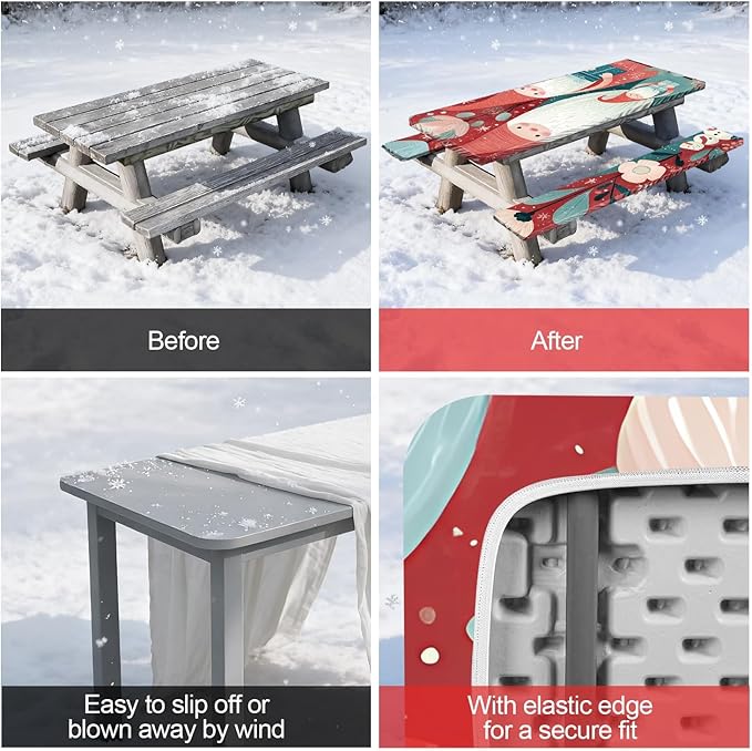 Picnic Table Cover with Bench Covers Set of 3, Elastic Fitted Tablecloth for 6 Foot Tables, Washable Polyester Tablecloths for Camping, Indoor & Outdoor