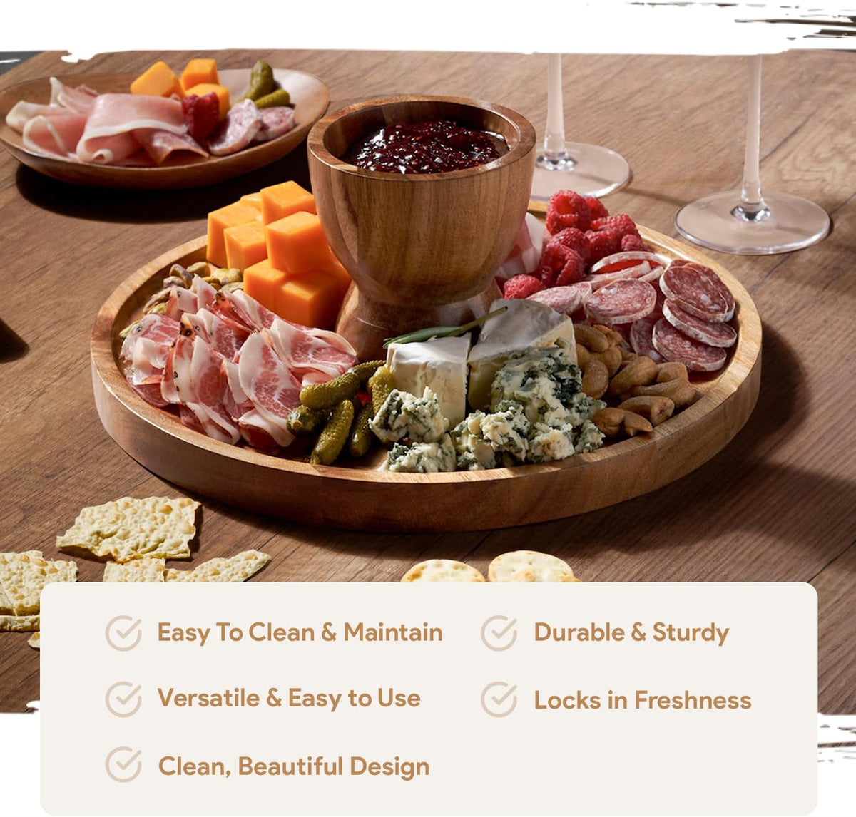 Acacia Wood Cake Stand with Lid - 12in Round Cake Holder, 2-in-1 Dessert Table Display Set & Charcuterie Board for Cheese, Chips & Dips, Nachos