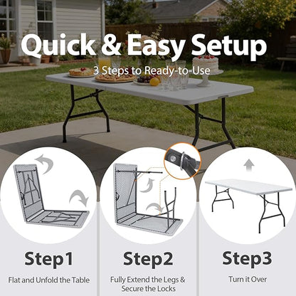 SUPER DEAL 8FT Folding Picnic Table for Indoor Outdoor, Portable Fold-in-Half Plastic Dining Camping Party Table with Carrying Handle