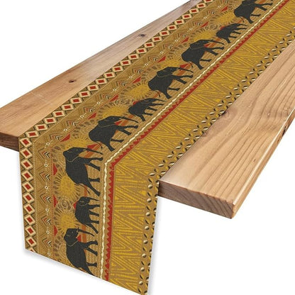 African Tribe Table Runner, Rustic Elephants Tribal Boho Diwali India Traditional Ethnic Folk Yellow Coffee Table Center Decor for Home Kitchen Room Holiday Party Outdoor Table Decorations, 13"x36"