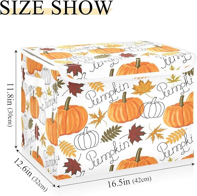 Large Collapsible Storage Bins with Lids, Pumpkin Leaf Fall Autumn Storage Baskets Organizer Containers with Handles for Clothes