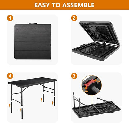 4 Ft Plastic Folding Table,Heavy Duty Portable Table for Indoor & Outdoor,Wood Grain Desktop & 350lbs Weight Capacity,Premium Solutions for Camping,Picnic,BBQ and Party