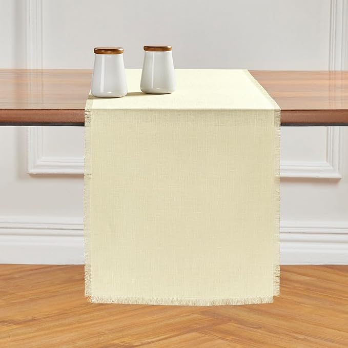 Solino Home Fringe Linen Table Runner 48 Inches - 100% Pure Linen Creamy Ivory Table Runner 14 x 48 Inch Ideal for Dresser and Coffee Tables - Spring, Easter