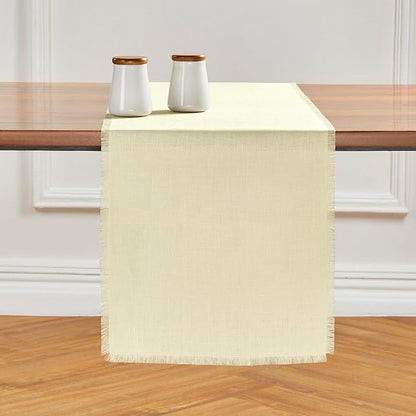 Solino Home Fringe Linen Table Runner 48 Inches - 100% Pure Linen Creamy Ivory Table Runner 14 x 48 Inch Ideal for Dresser and Coffee Tables - Spring, Easter