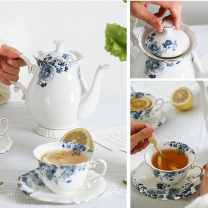 Bone China Tea Set for Adults, 13-Piece Blue and White Porcelain Tea Set for 4, Vintage Floral Tea Set With Teapot and Teaspoons