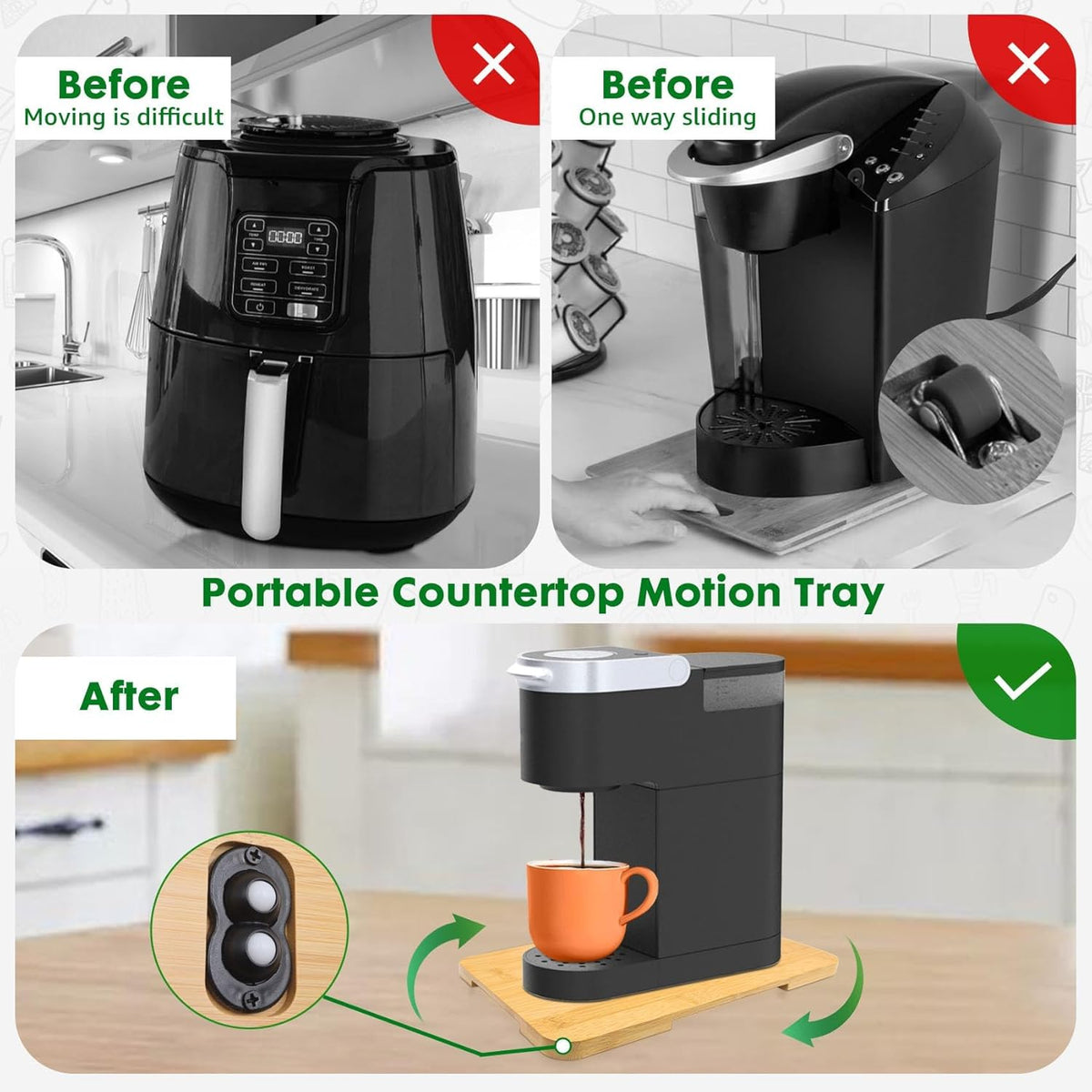 Appliance Slider 360° Rolling Tray for Coffee Maker Bamboo Coffee Pot Slider Tray Countertop Rotation Sliding Board with Wheels, Small Appliances Mat Easily from Under The Cabinet Natural(13.9"×9.4")