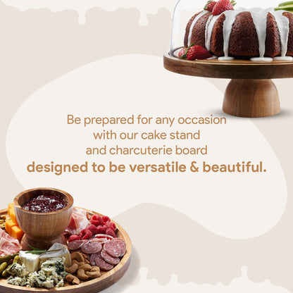 Acacia Wood Cake Stand with Lid - 12in Round Cake Holder, 2-in-1 Dessert Table Display Set & Charcuterie Board for Cheese, Chips & Dips, Nachos