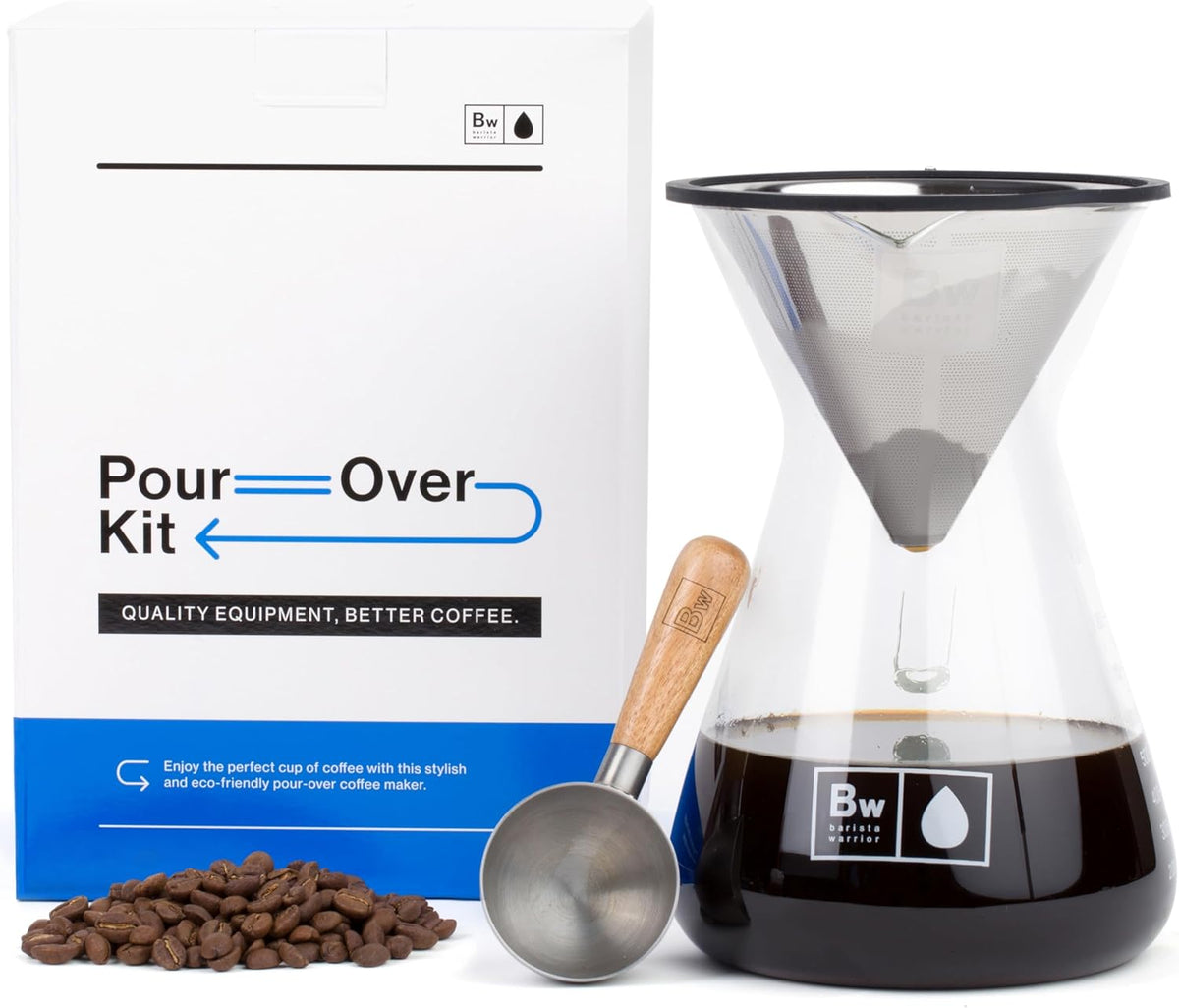 Barista Warrior Pour Over Coffee Maker Set – Pour Over Kit Includes Large Glass Carafe, Reusable Dripper Filter, and Coffee Scoop