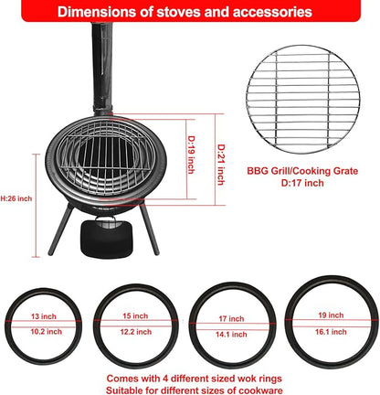 Multifunction Wood Burning Stove with Grill Rack,Large Portable Charcoal Grill,Camping Rocket Stove for Outdoor/Backyard Cooking,Chinese Wood Stove,Off Grid Living Supplies