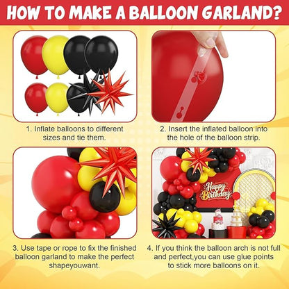 Red Black Yellow Balloon Arch Kit with Star Foil Balloons, Black and Red Yellow Balloon Arch, for Boy Girls Theme Birthday Baby Shower Party Decorations