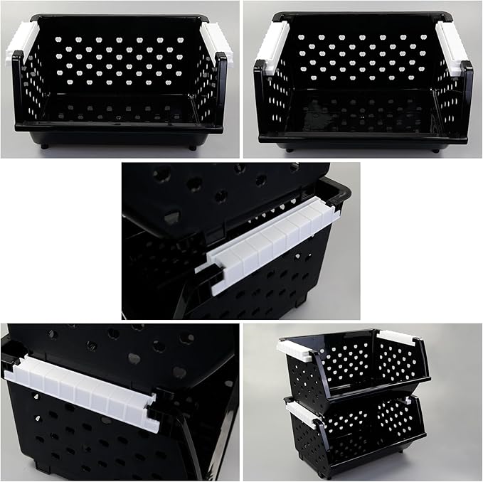 Vababa 3-Pack Plastic Stacking Storage Basket, Stackable Bin Organizer, Black