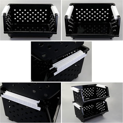 Vababa 3-Pack Plastic Stacking Storage Basket, Stackable Bin Organizer, Black