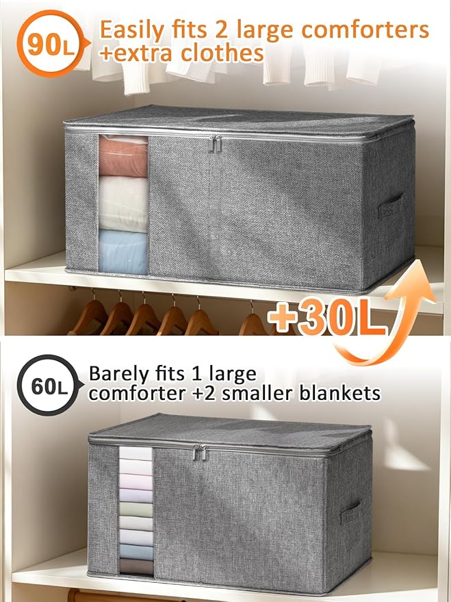 punemi King Size Comforter Storage Bag w/Sturdy Structure, 90L Extra Large Blanket Storage Bag for Bedding, Pillows, Quilts&Duvets, Stackable Closet Organizer with Clear Window,25.6x17.3x11.8in,Gray