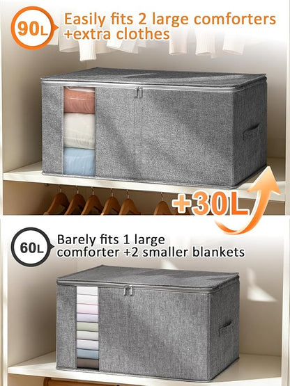punemi King Size Comforter Storage Bag w/Sturdy Structure, 90L Extra Large Blanket Storage Bag for Bedding, Pillows, Quilts&Duvets, Stackable Closet Organizer with Clear Window,25.6x17.3x11.8in,Gray