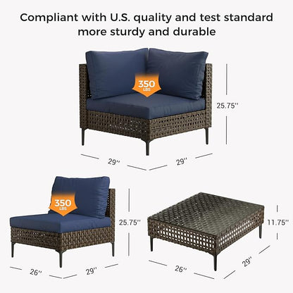 Grand patio 4-Piece Wicker Patio Furniture Set, Retro Outdoor Sectional Sofa with Water Resistant Blue Thick Cushions (Coffee Table Not Included), Brown