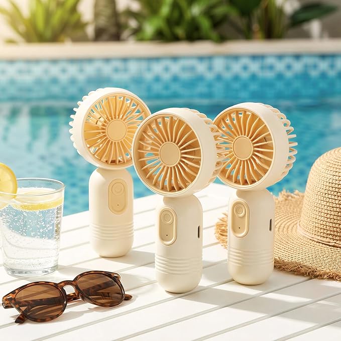 Rossesay 12 Pack Mini Portable Handheld Fan Bulk for Travel 3 Speeds, Rechargeable USB Battery Operated, Small Personal Eyelash Fans for Women Men Indoor Outdoor(Beige)