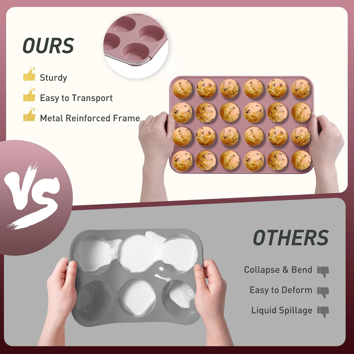 2 Pack 24 Cups Mini Muffin Pan with Metal Reinforced Frame Silicone Molds Cake Pans Egg Bites Silicone Circle Cookie Molds Muffin Tin Tart Pans Non