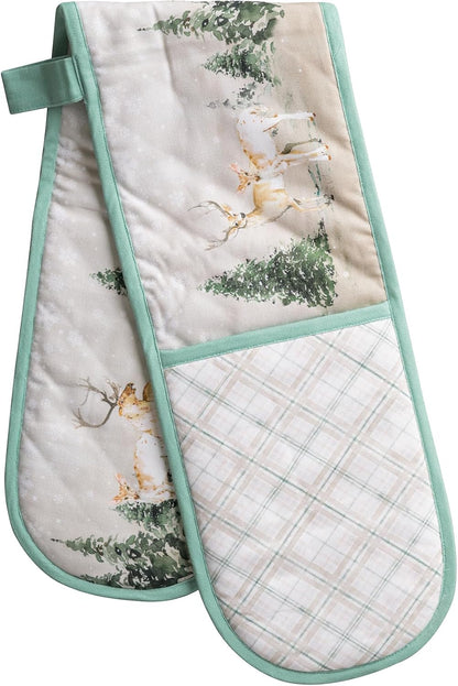 Maison d' Hermine Double Oven Mitts 100% Cotton Double Oven Glove (7"x35") | Heat Resistant BBQ Cooking Gloves with Loop Baking Kitchen Home Hotel Farmhouse Thanksgiving Christmas - Deer In The Woods