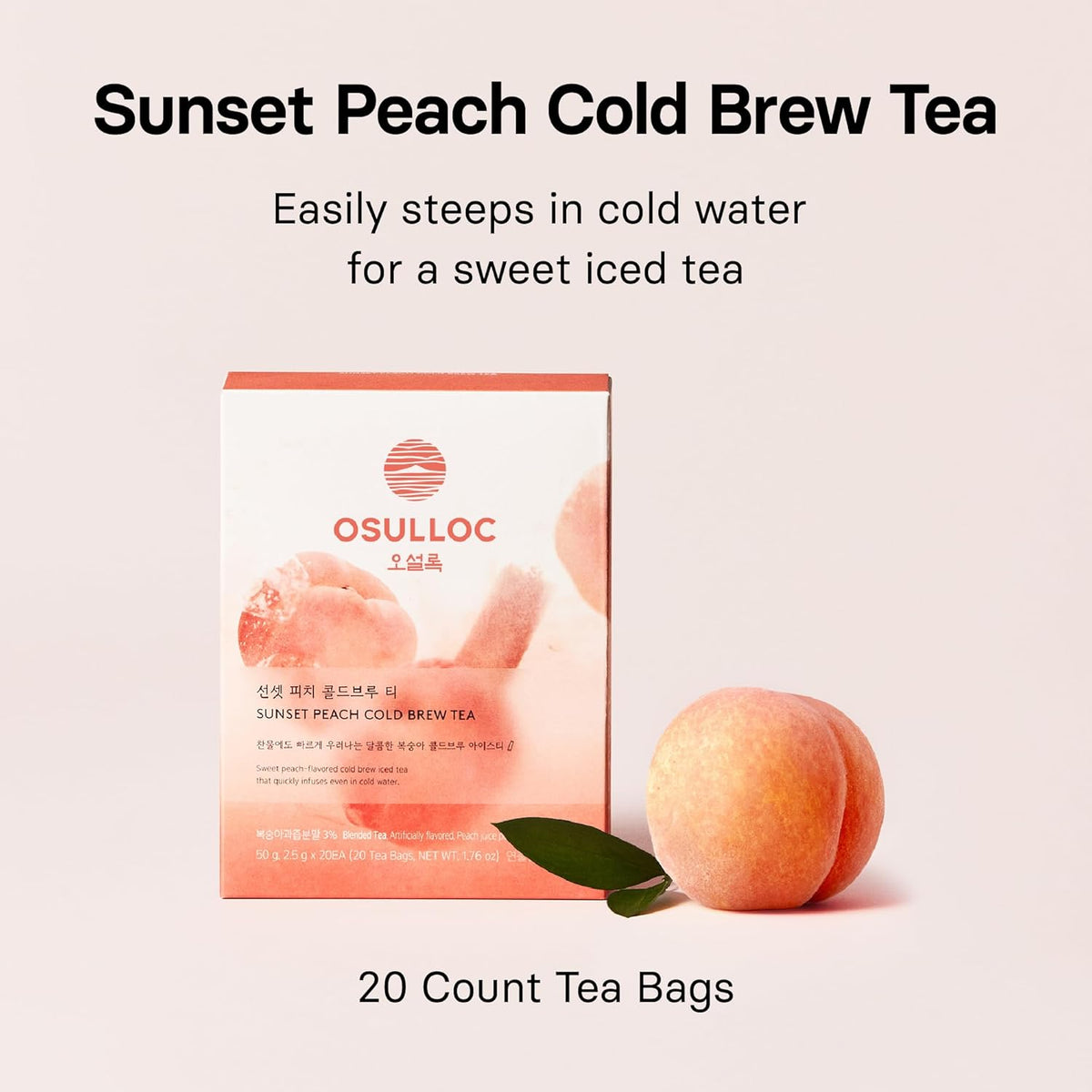 Osulloc Sunset Peach Cold Brew Tea, Sweet peach flavored iced tea, Hydration Tea Packets (20ea, 1.76oz)