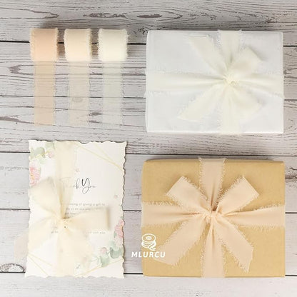 Vanilla Cream Chiffon Ribbon - 1 Inch x 21 Yards, Handmade Fringe, Silk, Boho Frayed, Gift Wrapping, Wedding Invitation, Bridal Flower Bouquets