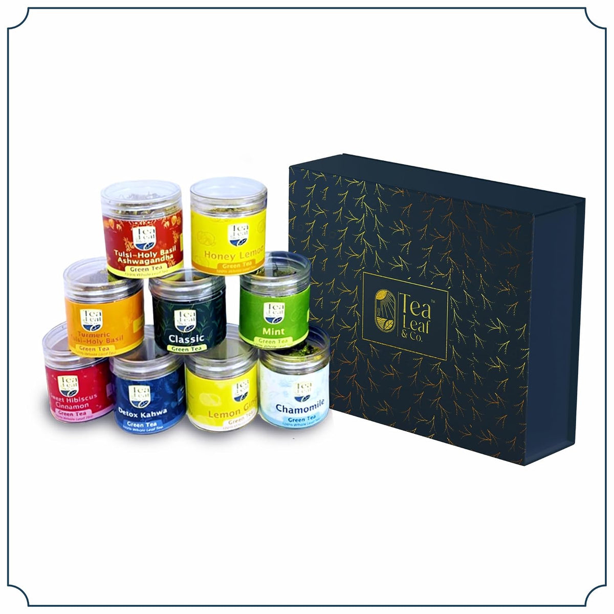 Tea Leaf &amp; Co. Harmony Pure Delight 9 Pack Premium Tea Gift Combo Box (Classic, Tulsi Ashwagandha, Lemon Ginger, Mint, Detox Kahwa, Turmeric Tulsi, Honey Lemon, Sweet Hibiscus &amp; Green Chamomile) - 8Oz