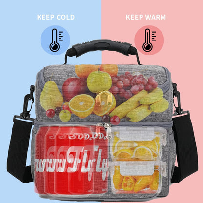 FlowFly Double Layer Cooler Insulated Lunch Bag Adult Lunch Box Large Tote Bag for Men, Women, With Adjustable Strap,Front Pocket and Dual Large Mesh Side Pockets
