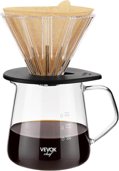 Vevok Chef Pour Over Coffee Maker Set, 20 Oz Borosilicate Glass Server Carafe and Glass Coffee Dripper with 100pcs Cone Paper Filter