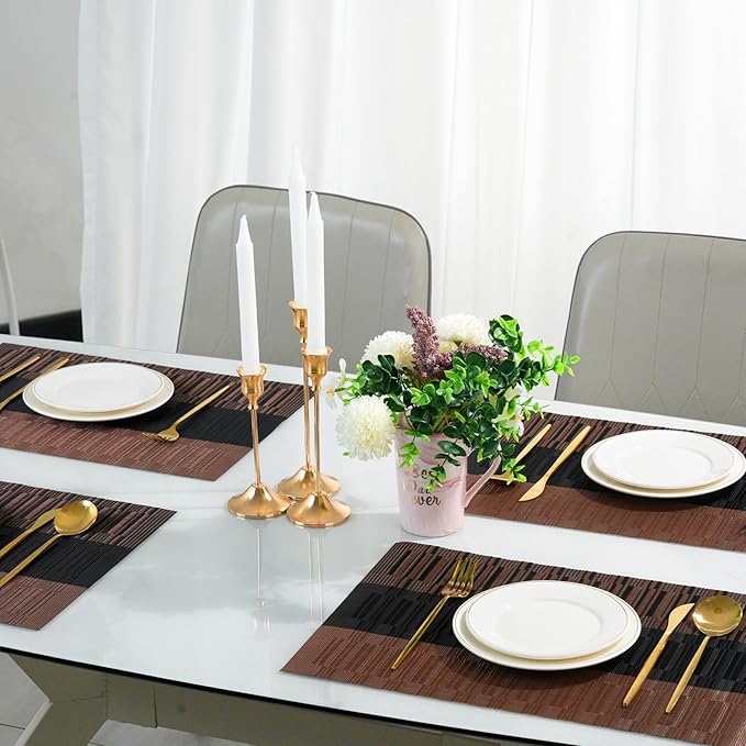 Placemats Set of 8，Non-Slip PVC Weave Table Mats Easy to Clean，Heat Resistant Place Mats for Kitchen Dining Table Decoration Indoor Outdoor，Black Brown