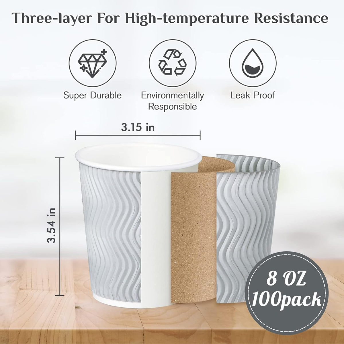 Muchii 8 oz Disposable Paper Coffee Cups, 100 Count Insulated Ripple To Go Cups With Lids and Straws for Tea, Hot Chocolate, and Drinks