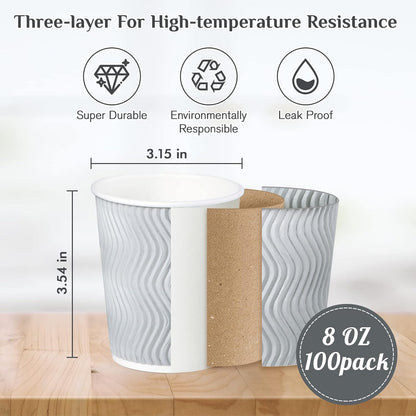Muchii 8 oz Disposable Paper Coffee Cups, 100 Count Insulated Ripple To Go Cups With Lids and Straws for Tea, Hot Chocolate, and Drinks