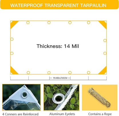 Clear Tarps Heavy Duty PVC, Transparent Tarp Durable Waterproof Dustproof Windproof, Tarpaulin with Grommets & Ropes for Greenhouse, Patio, Garden, Pavilion, Chicken, Porch, Outdoor (3.3' x 8.2')