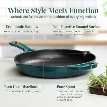Larder & Vine Enameled Cast Iron Skillet | 10.25 inch Cast Iron Pan | Saute Pan with Pour Spouts | Enamel Coated Cast Iron Skillet | Compatible on All Cooktops & Oven Safe to 500° F | Bondi