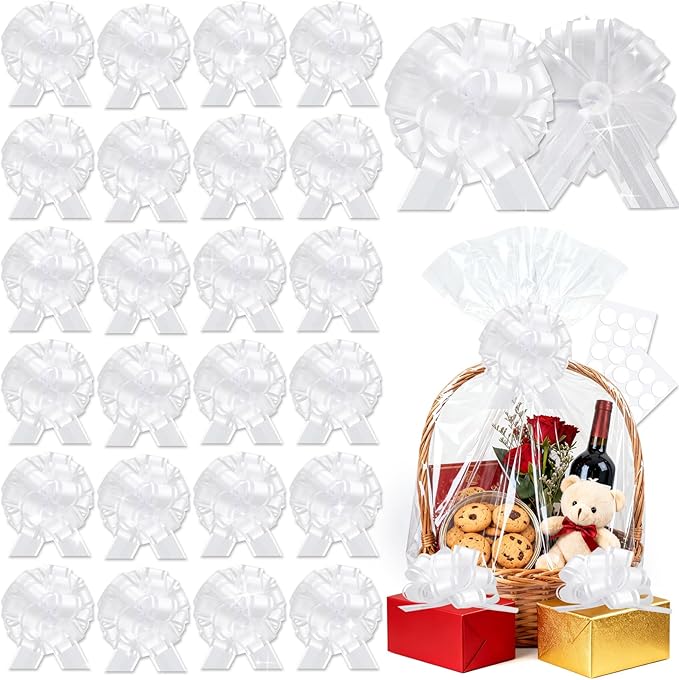24pcs White Pull Bow for Gift Basket Wrapping Xmas Gift Bows Presents Adhesive Wrap Ribbon Bow for Christmas Tree Ornament Wine Bottles Bouquet Flower Valentine's Day Party Decor (White-G)