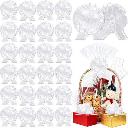 24pcs White Pull Bow for Gift Basket Wrapping Xmas Gift Bows Presents Adhesive Wrap Ribbon Bow for Christmas Tree Ornament Wine Bottles Bouquet Flower Valentine's Day Party Decor (White-G)