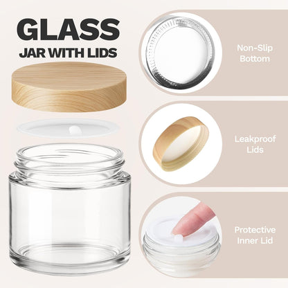 2 oz Glass Jars with Plastic Woodgrain Lids, Bumobum 48 pack Round Clear Cream Jars with Black and White Labels & Inner Liners