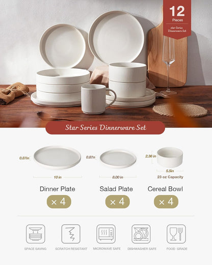 Famiware Star Dinnerware Sets, Plates and Bowls Set for 4, 12 Pieces Ribbed Dishes - Chip and Scratch Resistant, Microwave and Dishwasher Safe Tableware, Matte White