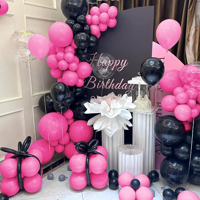Black and Hot Pink Balloons Garland Arch Kit With Clear Bobo Balloons, 151Pcs Latex Balloons Different Sizes 18 12 10 5 inch for Valentine Day Birthday Holiday Party Decorations